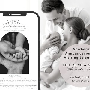 Pode incluir: Uma fotografia a preto e branco de uma mão de um bebé recém-nascido a segurar os dedos dos pais. A fotografia é exibida no ecrã de um smartphone com fundo branco e texto que diz "ANYA Sulaiman Welcomed with love by Hannah and Adam JANUARY 16, 2023 BORN AT 1:15 AM Polite Notices We are so happy to have you meet our baby!"