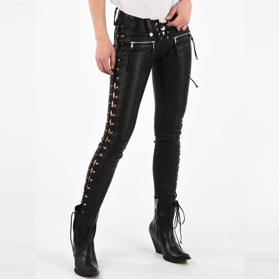 Lace up shop black leather pants