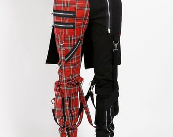 Men's Gothic Pant Split Leg Bumflap Pant Red Plaid Gothic Trouser/ Gothic Pant