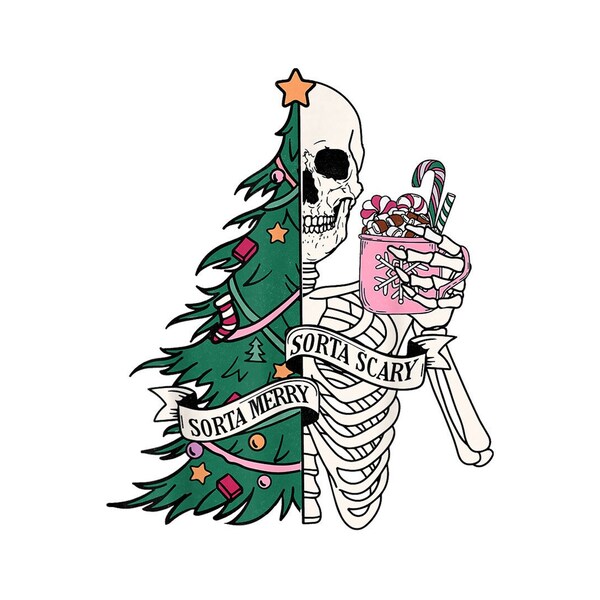 Funny Christmas Sorta Merry Sorta Scary Skeleton Xmas Tree PNG.