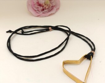 Gold Heart Outline Pendant Necklace, Black Cord Adjustable Choker, Modern Minimalist Heart Jewelry