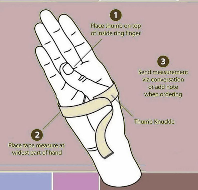 Puede incluir: Diagrama que ilustra c&oacute;mo medir una mano para un anillo. La imagen muestra una mano con una cinta m&eacute;trica, con instrucciones: "Coloque el pulgar en la parte superior del dedo anular interior", "Coloque la cinta m&eacute;trica en la parte m&aacute;s ancha de la mano" y "Env&iacute;e la medida por conversaci&oacute;n o agregue una nota al realizar el pedido."