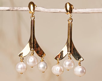 Gold Plated Freshwater Pearl Chandelier Earrings, Handmade