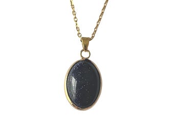 Natural Blue Sandstone Necklace Healing Stone Golden