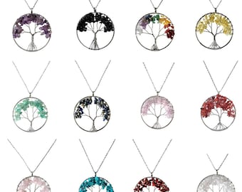 Natural Gemstone Chip Tree of Life Necklace Healing Protecting 50mm