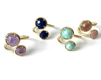 Natural Gemstone Faceted Ring Adjustable Sunstone/Amazonite/Amethyst/Lapis Lazuli