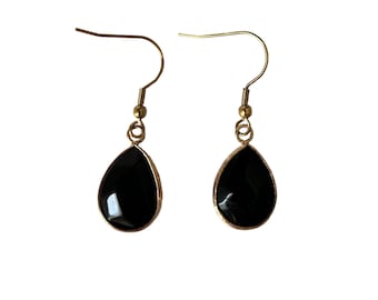Natural Black Obsidian Faceted Gemstone Drop Earrings Healing Stone