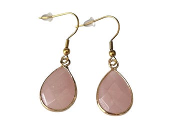 Natural Rose Quartz Faceted Gemstone Drop Earrings Calming Healing