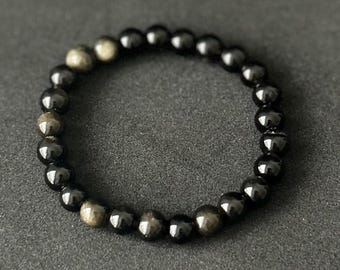 UK SELLER! Natural Gold Obsidian Success Stone Bracelet Round Beads Gemstone Wealth Stone 8mm