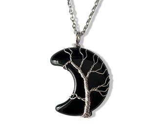 Black Obsidian Tree of Life Moon Pendant Necklace, Silver Copper Chain