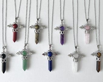 Natural Point Gemstone Angel Wing Pendant Necklace Healing Energising