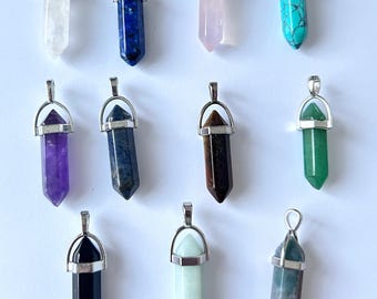 Natural Gemstone Hexagonal Bullet Pendant Necklace with Rope Chain Calming Energising Healing