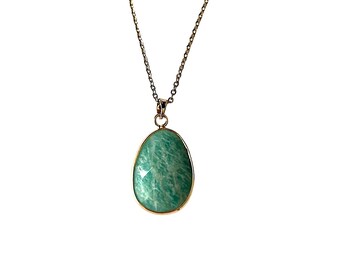Faceted Natural Amazonite Pendant Necklace Healing Gemstone Golden