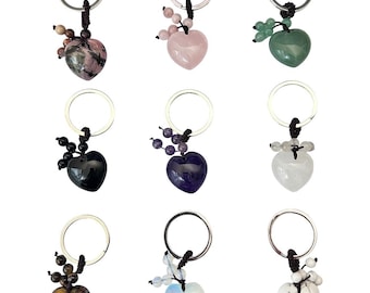 Natural Gemstone Love Heart Shape Keyring KeyChain Calming Reiki Stone