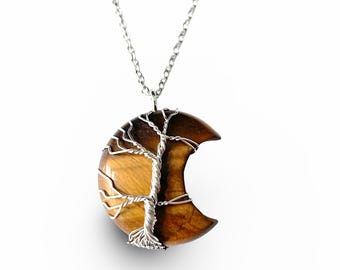 Tree of Life Moon Shape Natural Tiger Eye Gemstone Pendant Necklace Healing Stone