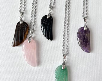 Natural Gemstone Healing Stone Angel Wings Crystal Quartz Pendant Neckless