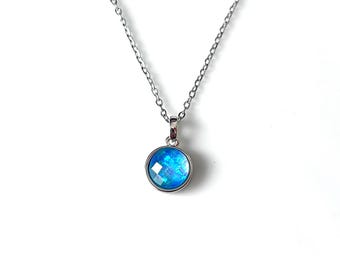 Faceted Light Blue Synthetic Opal Round Pendant Necklace Silver Brass