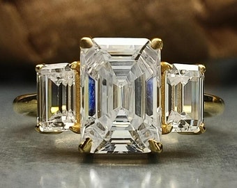 3 Stone Emerald Simulant Diamond Engagement Ring / 8x10mm And 5x7mm Emerald Cut Ring / 7.10 TCW Emerald Set Simulated CZ Diamond Ring