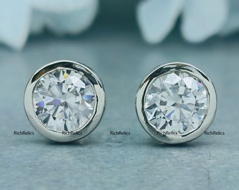 Bezel Set Screw Back Earring/ 6, 7mm Round Cut Simulated Diamond White Gold Plated Earrings/ Birthday Gift For Her/ 925 Silver Earrings