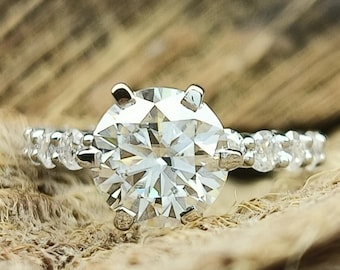3ct Round Cut Solitaire Accent Engagement Ring / 6 Prong Classic 3/4 Eternity 3mm Round Cut Simulant Diamond CZ 925 Sterling Silver Ring