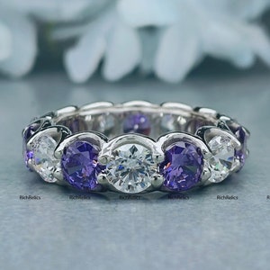 Amethyst And White Brilliant Cut Simulant Diamond Band/Simulant Diamond Wedding Band/4, 5 or 6mm Eternity Band/ Stackable Eternity Gift Ring