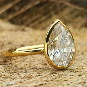 1.50Ct, 2.30Ct or 3Ct Pear Cut Solitaire Bezel Ring / Pear Bezel Engagement Ring / Pear Simulant Diamond Bezel Ring In 925 Starling Silver