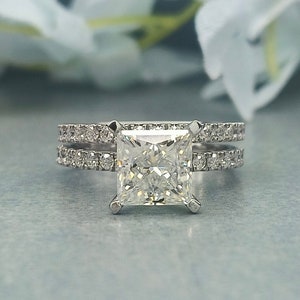 Perfect Princess Cut Simulant Diamond Bridal Wedding Ring Set / 2.60ct Princess Solitaire With Accent Engagement Ring / Bridal ring Set Gift