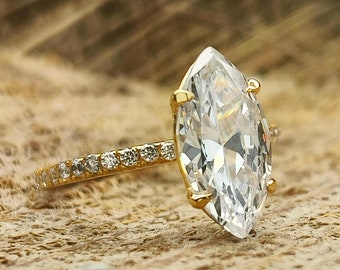 1ct, 1.5ct or 2.3ct Marquise Cut Solitaire Accent Engagement Ring / Round Pave Set Wedding Ring / Marquise Cut Diamond Simulant CZ ring