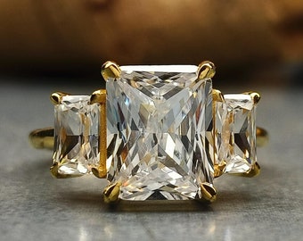 3 Stone Radiant Simulant Diamond Engagement Ring / 8x10mm And 5x7mm Radiant Cut Ring / 7.10 TCW Radiant Set Simulated CZ Diamond Ring