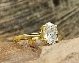 6 x 8 mm ミニマリスト オーバル シミュレート CZ 14K ゴールドメッキ エンゲージリング / 1.2CT オーバル シミュラント ダイヤモンド 925 スターリングシルバー ゴールドメッキ ウェディングリング
