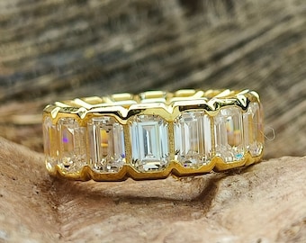 Emerald Cut Bezel Set Full Eternity Band/ Simulant Diamond Wedding Band/ 8.62 CT Flowless Emerald 14K Gold or Rose Gold Plated Eternity Ring