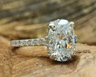 10x7mm Classic Oval Cut Simulated Diamond Engagement Ring / Delicate Oval Solitaire Accent Wedding Ring / Half Eternity and Hidden Halo Ring