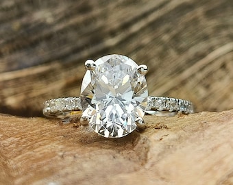10x8mm Oval CZ Diamond Solitaire Engagement Ring | Yellow Gold Plated Ring | Hidden Halo Ring | 2.80ct Oval Simulated Simple Daily Wear Ring