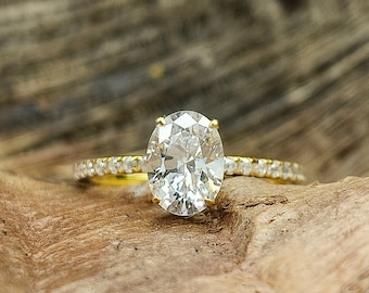 6x8mm Oval CZ Diamond Solitaire Engagement Ring | Yellow Gold Plated Ring | Hidden Halo Ring | 1.20ct Oval Simulated Simple Daily Wear Ring