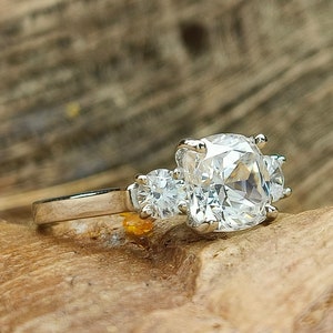 Cushion And Round Cut 3-Stone 14K Gold Plated Silver Ring/ Cushion Cut Simulated Diamond Engagement Ring/ Gorgeous 3- Stone Anniversary Ring