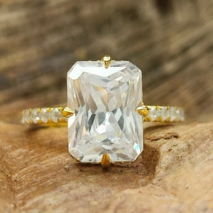 8x11mm Radiant Cut Simulated Stone Engagement Ring / Hidden Halo Gold Plated Half Eternity Ring / Radiant Cut Compass Set Claw Prong Ring