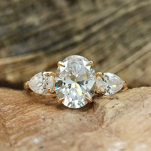 Oval and Pear cut 3-Stone 14K Rose Gold Plated Silver Ring/ Oval Cut Simulated Diamond Engagement Ring/ Oval Cut Gorgeous Anniversary Ring
