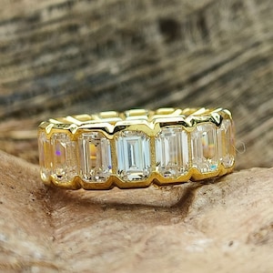 Emerald Cut Bezel Set Full Eternity Band/ Simulant Diamond Wedding Band/ 8.62 CT Flowless Emerald 14K Gold or Rose Gold Plated Eternity Ring
