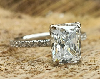 1ct, 1.8ct or 2.5ct Radiant Cut Solitaire Accent Engagement Ring / Round Pave Set Wedding Ring / Radiant Cut Ring / Diamond Simulant CZ ring