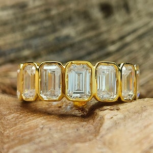Emerald Cut Bezel Set Full Eternity Band / Simulant Diamond Wedding Band / 8.62 CT Flowless Emerald 14K Gold Plated Stackable Eternity Ring