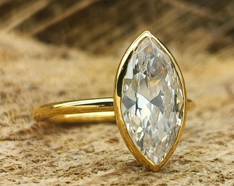 1ct, 1.5ct or 2.3ct Marquise Cut Solitaire Bezel Ring / Marquise Bezel Engagement Ring / Marquise Cut Simulant Diamond Bezel Ring In Silver