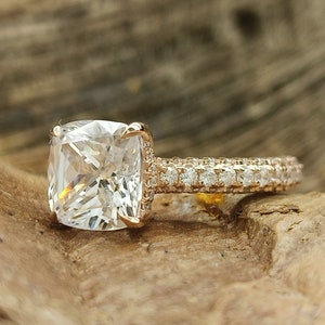 2.98ct Cushion Solitaire Accent Engagement Ring / 9mm Cushion Cut Diamond Wedding Ring / Cushion Cut Art Deco Ring / 3-Side Stone Set Ring