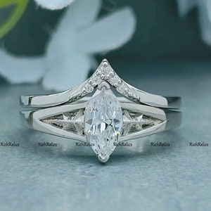 5x10mm Marquise Cut Simulated CZ 925 Silver Engagement Ring Set | 1.49CT Simulant Marquise White Gold Plated Wedding Ring  | Bridal Ring Set