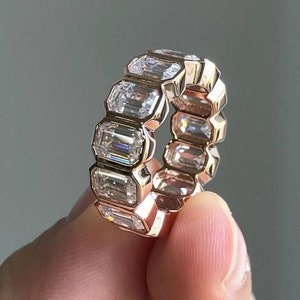 Emerald Cut Bezel Set Full Eternity Band / Simulant Diamond Wedding Band / 8.62 CT Flowless Emerald 14K Gold Plated Stackable Eternity Ring