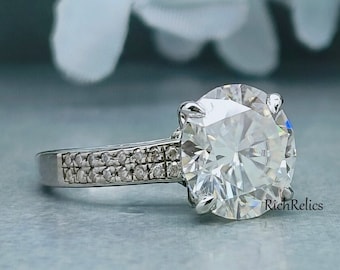 11mm Round Cut Simulated Diamond Engagement Ring / Round CZ Bridal Sterling Silver Promise Ring / Antique Wedding Ring