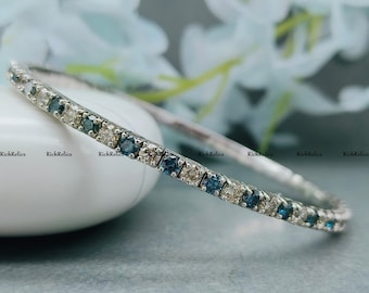 3 mm Aqua CZ und weiße rund geschnittene Moissanit Armband / 14K Weißgold überzogene flexible Armreif Armband / 925er Silber flexibler Armreif