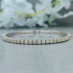 3mm White Round Cut Moissanite Bracelet In 925 Silver / 14K White Gold Plated Flexible Bangle Bracelet / 925 Silver Flexible Bangle Bracelet