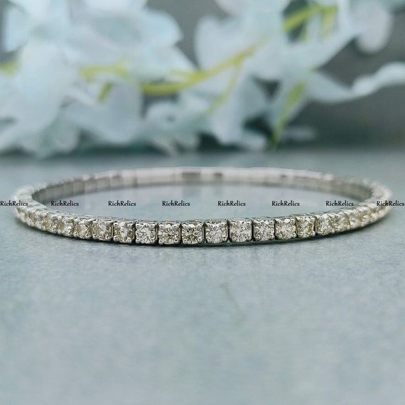 3mm White Round Cut Moissanite Bracelet In 925 Silver / 14K White Gold Plated Flexible Bangle Bracelet / 925 Silver Flexible Bangle Bracelet