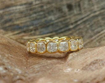 Cushion Cut CZ Eternity Band, Bezel Set Wedding Band, 14K Gold Plated Cubic Zirconia Ring, Stackable Anniversary Ring, Gift for Her
