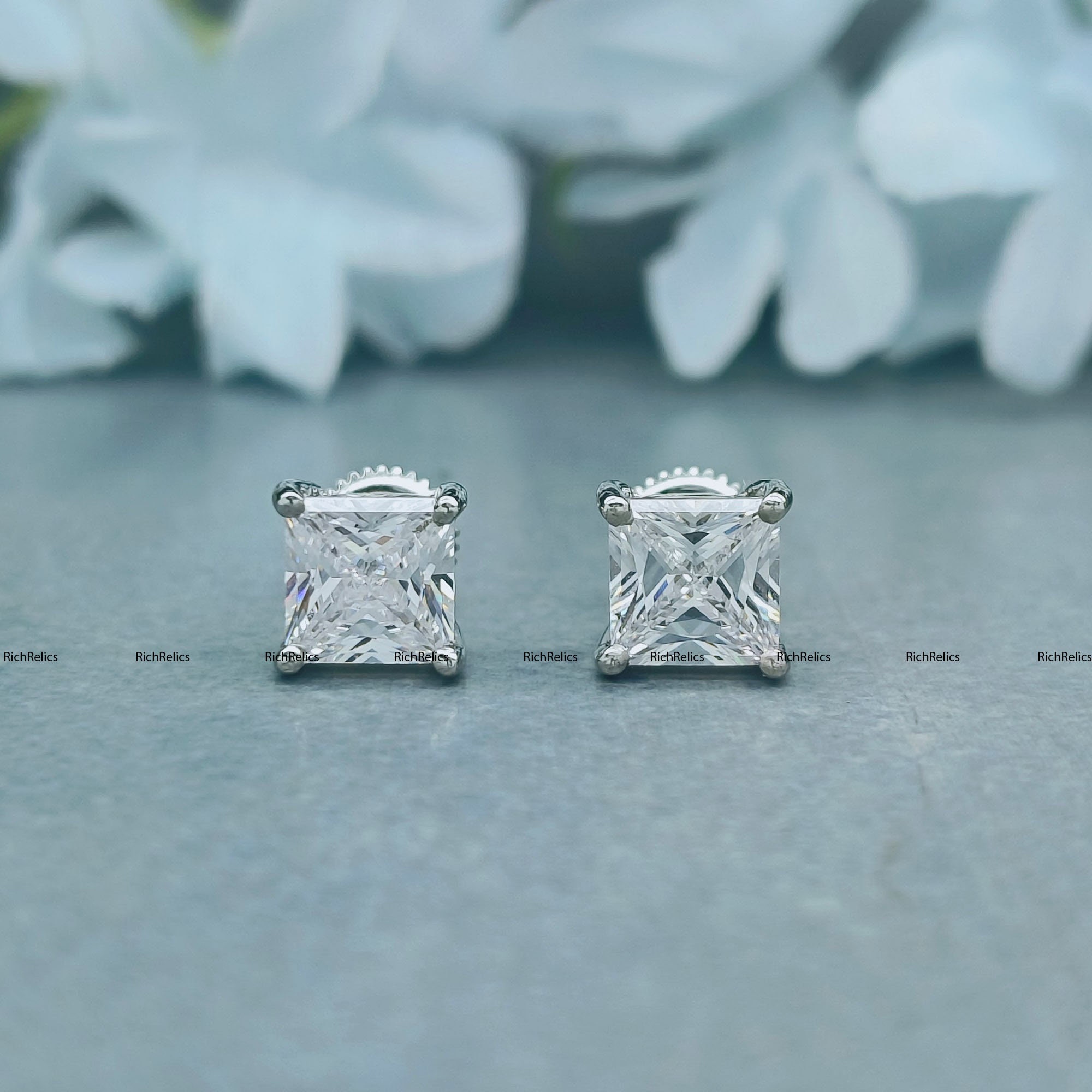 925 Silver Earrings/ 6, 7, or 8mm Princess Cut Simulated Diamond 925 Silver Earrings/ Christmas Gift for Her/Princess Cut Screw Back Earring